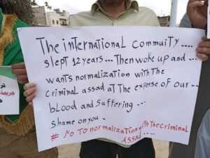Anti-normalization poster from protests in Idlib April 2023
