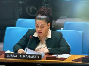 Lubna Alkanawati addressing the UN Security Council